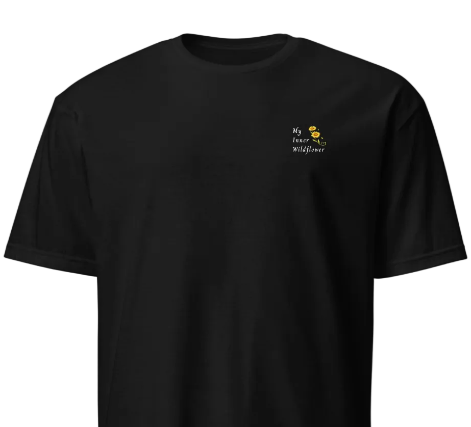 Black t-shirt with a small logo on the chest against a white background